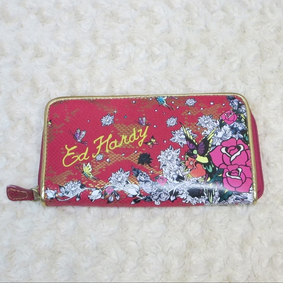 Ed Hardy Handbags - NEVER USED Ed Hardy*Pink/Gold zip Wallet